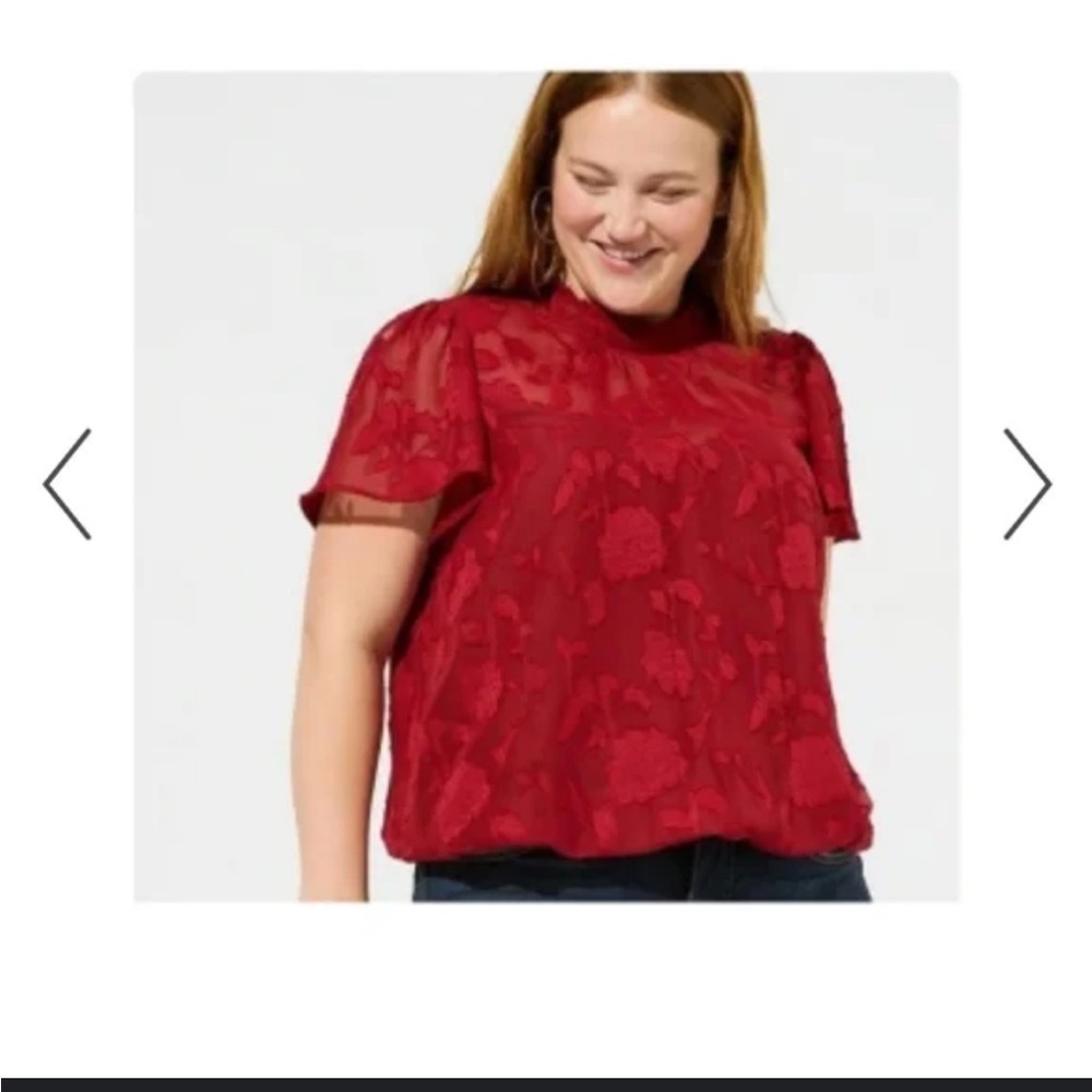 NWT Torrid Red Chiffon Floral Blouse 2X Flutter Sleeve Bubble Hem Sheer Romantic - Picture 9 of 9